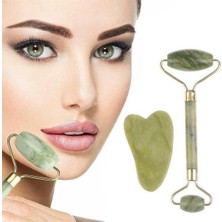Çift Taraflı Cilt Yüz Masaj Aleti Jade Roller Yeşim Taşı Seti