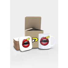 Postermanya Dudak Wow Popart Tasarımlı Baskılı Kupa Bardak Seti, Eğlenceli Özel Hediye Mug
