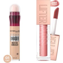 Maybelline New York Instant Anti Age Eraser Kapatıcı, 01 Light + Lifter Gloss Nemlendirici Dudak Parlatıcısı - 003 Moon