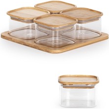 Porsima HF009009 Kare 4lü Hava Geçirmez Bambu Standlı Cam Kahvaltılık Seti Bambu Kapaklı Saklama Kabı 250ML