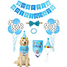 Busstier Köpek Kedi Doğum Günü Seti Bandana Şapka Afiş Parti Dekorasyonu, Şapyon Tasma Aksesuarı, Erkek ve Dişi Evcil Hayvanlar Için (Mavi)