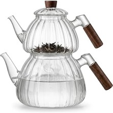 Deconox Akasya Cam Çaydanlık Takımı 1500 ml + 600 ml - Ahşap Kulplu, Çizgili Tasarım Isıya Dayanıklı Borosilikat Şeffaf Çaydanlık