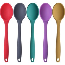 Silikon Büyük Boy Kaşık Seti, Yanmaz Yapışmaz, Çok Renkli - Sarı, Yeşil, Kırmızı, Antrasit, Mor - 27 Cm, 5 Adet Set, Bpa Free