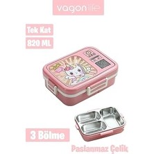 Paslanmaz Çelik Desenli Beslenme Kutusu - 820 ml Renkli ve Eğlenceli Çocuk Beslenme Kabı (Pembe)