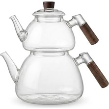 Deconox 1800 ml + 550 ml Akasya Cam Çaydanlık Takımı - Ahşap Kulplu, Isıya Dayanıklı Borosilikat Şeffaf Çaydanlık, Yaylı Süzgeçli Şık Lüks Tasarım