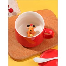Mukko Home 3D Yavru Geyik Biblolu Kırmızı Porselen Kupa - 350ML | Şık ve Eğlenceli Tasarım,kırmızı