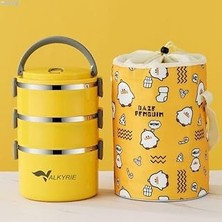 Valkyrie 3 Gözlü Çelik Penguen Desenli Sarı Termal Bento Kutusu Çocuklar Için Şirin