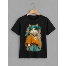 Vodexa Ünisex Oversize T-Shirt Süslü Kedi Baskılı %100 Pamuk Tişört Rahat Kalıp
