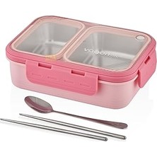 Vagonlife Bento 700ML Lunchbox Tek Katlı 2 Bölmeli Çelik Sefer Tası Yemek Kutusu (Pembe)