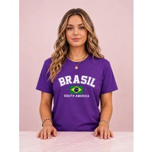 Vodexa Kadın Oversize T-Shirt Brasil Baskılı %100 Pamuk Tişört Rahat Kalıp