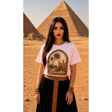 Vodexa Kadın Oversize T-Shirt Piramit Baskılı %100 Pamuk Tişört Rahat Kalıp