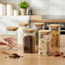 Deconox 6'lı Set 425 ml Bambu Kapaklı Kare Cam Kavanoz - 6X12 cm Vakumlu Uzun Boy Şeffaf Erzak Kabı Kahve Çay Baharatlık ve Mutfak Düzenleyici Organizer Saklama Kutusu