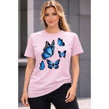 Vodexa Oversize T-Shirt Mavi Kelebekler Baskılı %100 Pamuk Tişört Rahat Kalıp