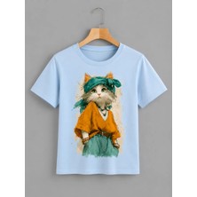 Vodexa Ünisex Oversize T-Shirt Süslü Kedi Baskılı %100 Pamuk Tişört Rahat Kalıp