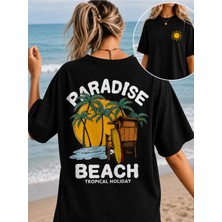 Vodexa Kadın-Oversize T-Shirt Paradays Baskılı %100 Pamuk Tişört Rahat Kalıp