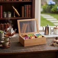Deconox Bambu 6 Bölmeli Çay Kutusu -%100 Orjinal Bambu Mıknatıslı Kapak 21X16,5 X7CM
