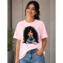 Vodexa Ünisex Oversize T-Shirt Uzun Saçlı Kız Baskılı %100 Pamuk Tişört Rahat Kalıp
