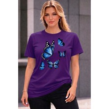Vodexa Oversize T-Shirt Mavi Kelebekler Baskılı %100 Pamuk Tişört Rahat Kalıp