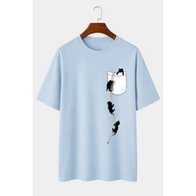 Vodexa Unisex Oversize T-Shirt Kediler Baskılı %100 Pamuk Tişört Rahat Kalıp