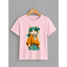 Vodexa Ünisex Oversize T-Shirt Süslü Kedi Baskılı %100 Pamuk Tişört Rahat Kalıp