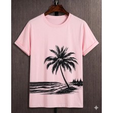 Vodexa Ünisex Oversize T-Shirt Sahilde Palmiya Baskılı %100 Pamuk Tişört Rahat Kalıp
