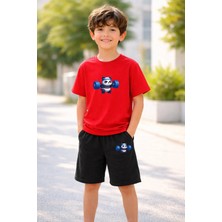 Vodexa Erkek-Kız Çocuk Tişört Şort Takım %100 Pamuk Yazlık Rahat Kalıp Baskılı T-Shirt Çocuk Kombin