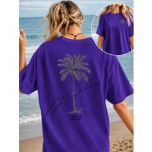 Vodexa Kadın Oversize T-Shirt Palmiya Baskılı %100 Pamuk Tişört Rahat Kalıp