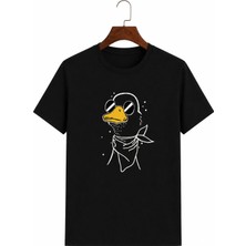 Vodexa Ünisex Oversize T-Shirt Atkılı Ördek Baskılı %100 Pamuk Tişört Rahat Kalıp
