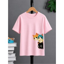 Vodexa Ünisex Oversize T-Shirt Üç Kedi Baskılı %100 Pamuk Tişört Rahat Kalıp
