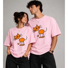 Vodexa Ünisex Oversize T-Shirt Turuncu Kedi Baskılı %100 Pamuk Tişört Rahat Kalıp (Ürünler Tekli Satılmaktadır)
