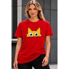 Vodexa Ünisex Oversize T-Shirt Kırmızı Kedi Baskılı %100 Pamuk Tişört Rahat Kalıp