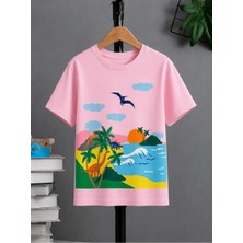Vodexa Ünisex Oversize T-Shirt Sahil Baskılı %100 Pamuk Tişört Rahat Kalıp