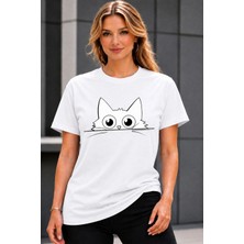 Vodexa Ünisex Oversize T-Shirt Renkli Kediler Baskılı %100 Pamuk Tişört Rahat Kalıp