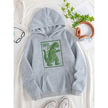 Tarzsokak Unisex Oversize Kapüşonlu Kanguru Cepli Goodzila Baskılı Gri