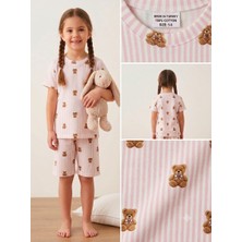 Seply Home Kız Çocuk %100 Pamuk Ayıcık Desenli Çizgili Kısa Kollu Şortlu Pijama Takımı