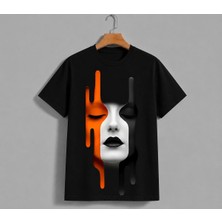 Vodexa Ünisex Oversize T-Shirt Boyalı Yüz Baskılı %100 Pamuk Tişört Rahat Kalıp