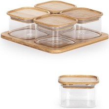 Porsima HF009009 Kare 4lü Hava Geçirmez Bambu Standlı Cam Kahvaltılık Seti Bambu Kapaklı Saklama Kabı 250ML