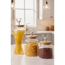 3'lü Bambu Kapaklı Gümüş Geyik Figürlü Şeffaf Cam Kavanoz Şeffaf Cam Saklama Kabı 635/890/1400ML
