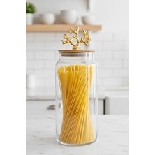 1400 ml Borosilikat Cam Kavanoz - Altın Mercan Figür Bambu Kapaklı Lüks Saklama Kabı