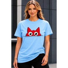 Vodexa Ünisex Oversize T-Shirt Kırmızı Kedi Baskılı %100 Pamuk Tişört Rahat Kalıp