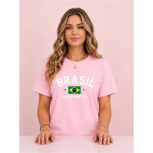 Vodexa Kadın Oversize T-Shirt Brasil Baskılı %100 Pamuk Tişört Rahat Kalıp