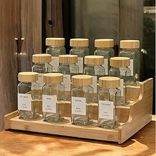 12’li Bambu Kapaklı Kare Formlu Cam Baharatlık Seti 120 ml / 16 Adet Etiket Hediye