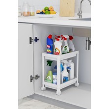 2 Katlı Tekerlekli Düzenleyici Raf Mutfak Tezgah & Evye Altı Dolap Içi Organizer, Banyo Deterjanlık ve Şampuanlık, Çok Amaçlı Taşınabilir Sebzelik, Modern Dekoratif Mutfak Raf Ünitesi (Beyaz)