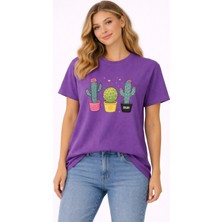 Vodexa Oversize T-Shirt Kaktüs Baskılı %100 Pamuk Tişört Rahat Kalıp