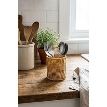 Buffer Yuvarlak Hasır Dokulu Plastik Rattan Kaşıklık ve Çatallık, Askılı Çok Amaçlı Mutfak Organizeri, 10X14 cm
