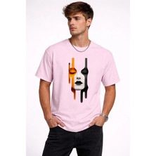 Vodexa Ünisex Oversize T-Shirt Renkli Yüz Baskılı %100 Pamuk Tişört Rahat Kalıp