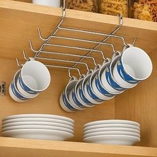 Alper Banyo 10 Kancalı Krom Fincanlık, Rafa Geçmeli Kupa Askısı, Dolap Altı Fincan Düzenleyici, Montajsız Metal Mutfak Organizer