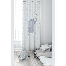 Pelangi Beyaz Fil Desenli Dijital Baskı Yıkanabilir Bebek Çocuk Odası Fon Perdesi, Beyaz-Gri 70 x 240