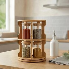 Deconox Doğal Bambu 360° Döner Standlı 10'lu Cam Baharatlık Seti - Büyük Boy (250 Ml) Ahşap Kapaklı Baharat Takımı