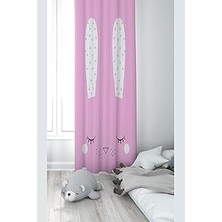 Pelangi Pembe Tavşan Desenli Dijital Baskı Yıkanabilir Bebek Çocuk Odası Fon Perdesi, Şeker Pembe-Beyaz 70 x 270